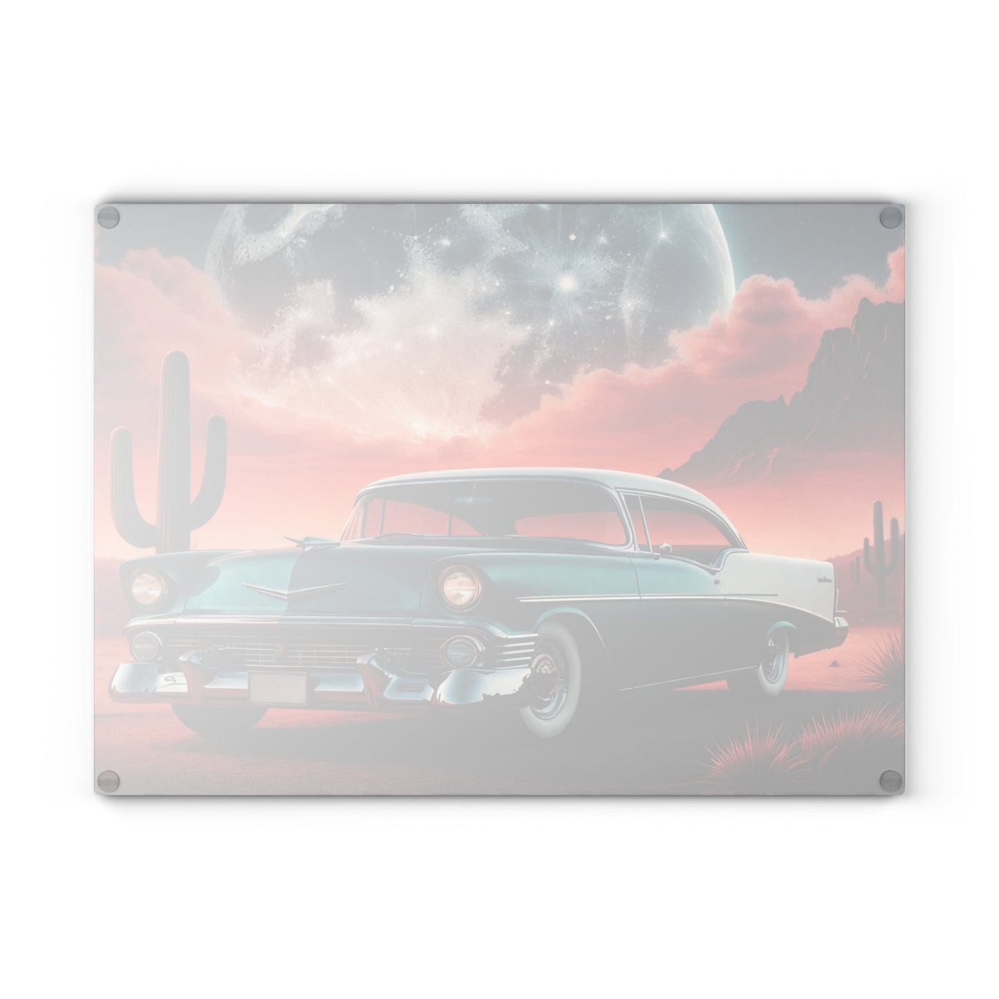 Vintage Desert Drive Glass Cutting Board – Retro Car Artwork with Southwestern Sunset