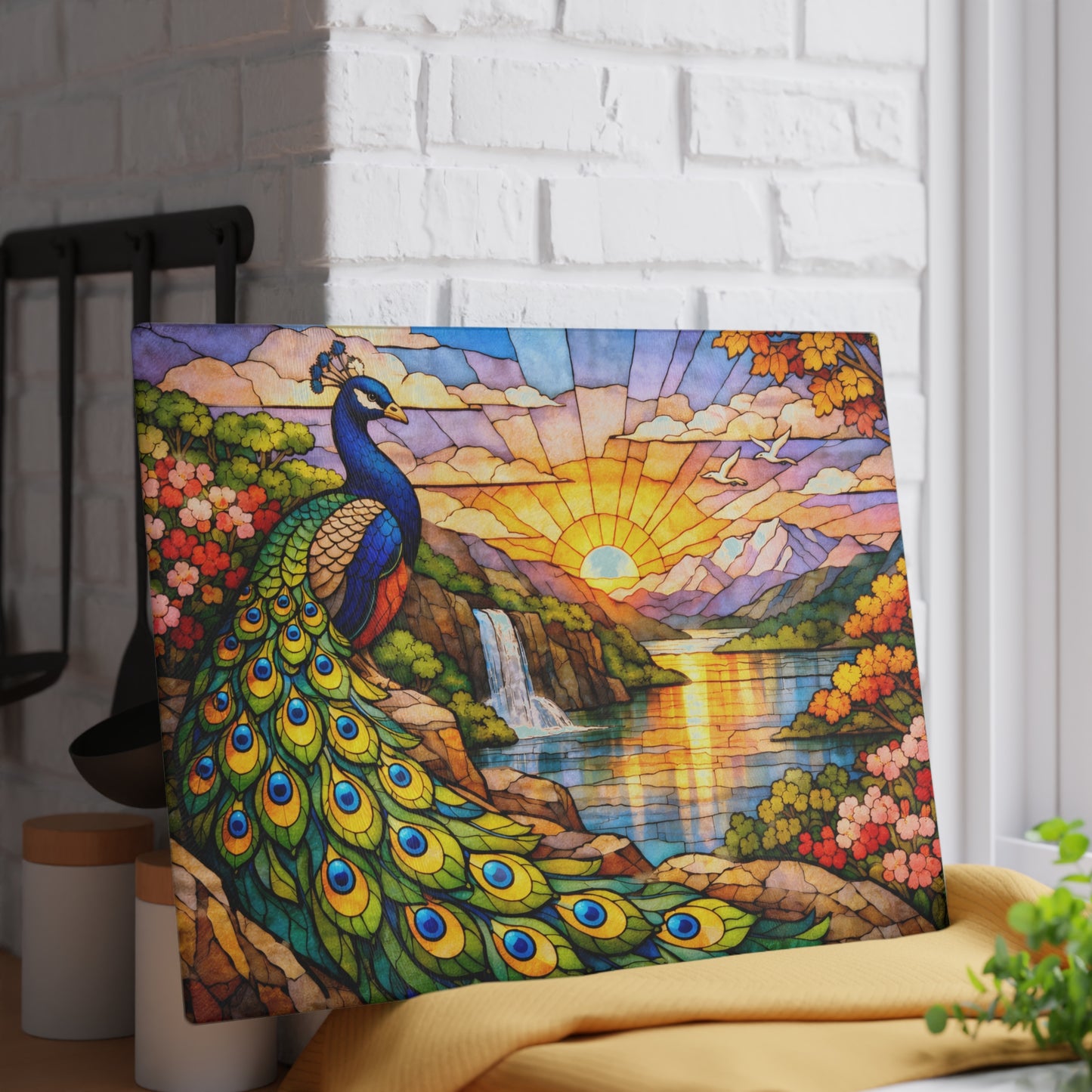 Stained Glass Style Peacock Landscape Glass Cutting Board – Colorful Nature Art Kitchen Decor