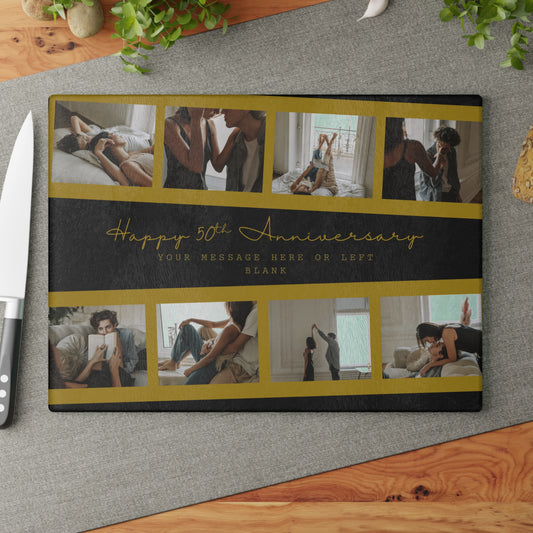 Happy 50th Anniversary or Birthday Photo Collage Glass Cutting Board – Personalized Milestone Keepsake