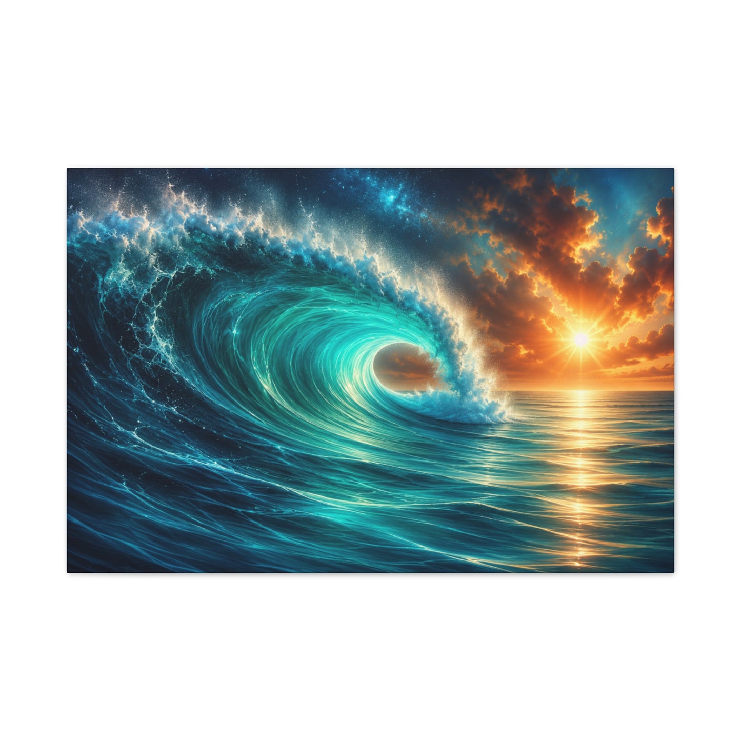 Ocean Wave Sunset Stretched Canvas Wall Art – Coastal Ocean Canvas – 36 × 24 Inches