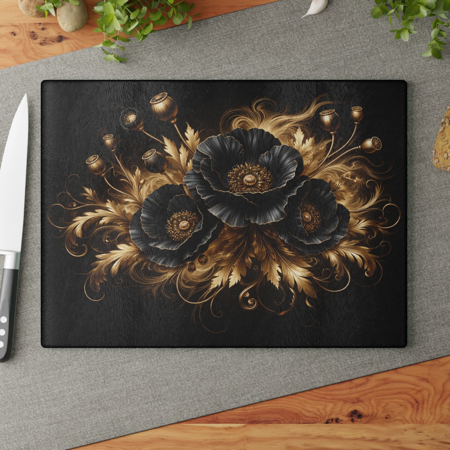 Black & Gold Floral Glass Cutting Board – Elegant Personalized Kitchen Cutting Board