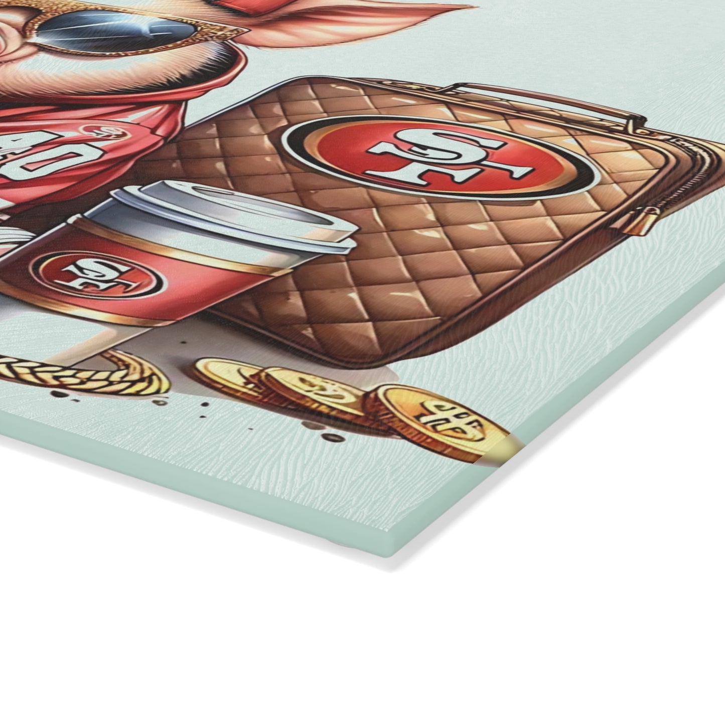 Tabla de cortar de vidrio Red Jersey Glam Pig: arte animal de lujo para una decoración de cocina audaz
