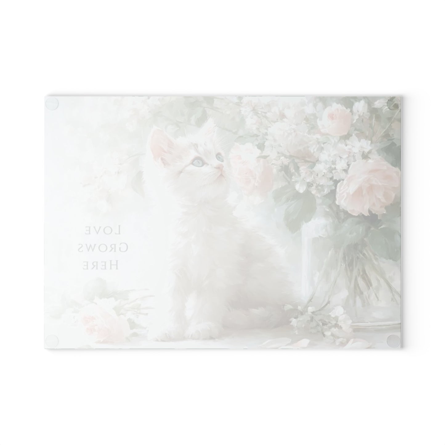 🐱🌸 “Love Grows Here” Glass Cutting Board – Soft Cottage Floral Charm