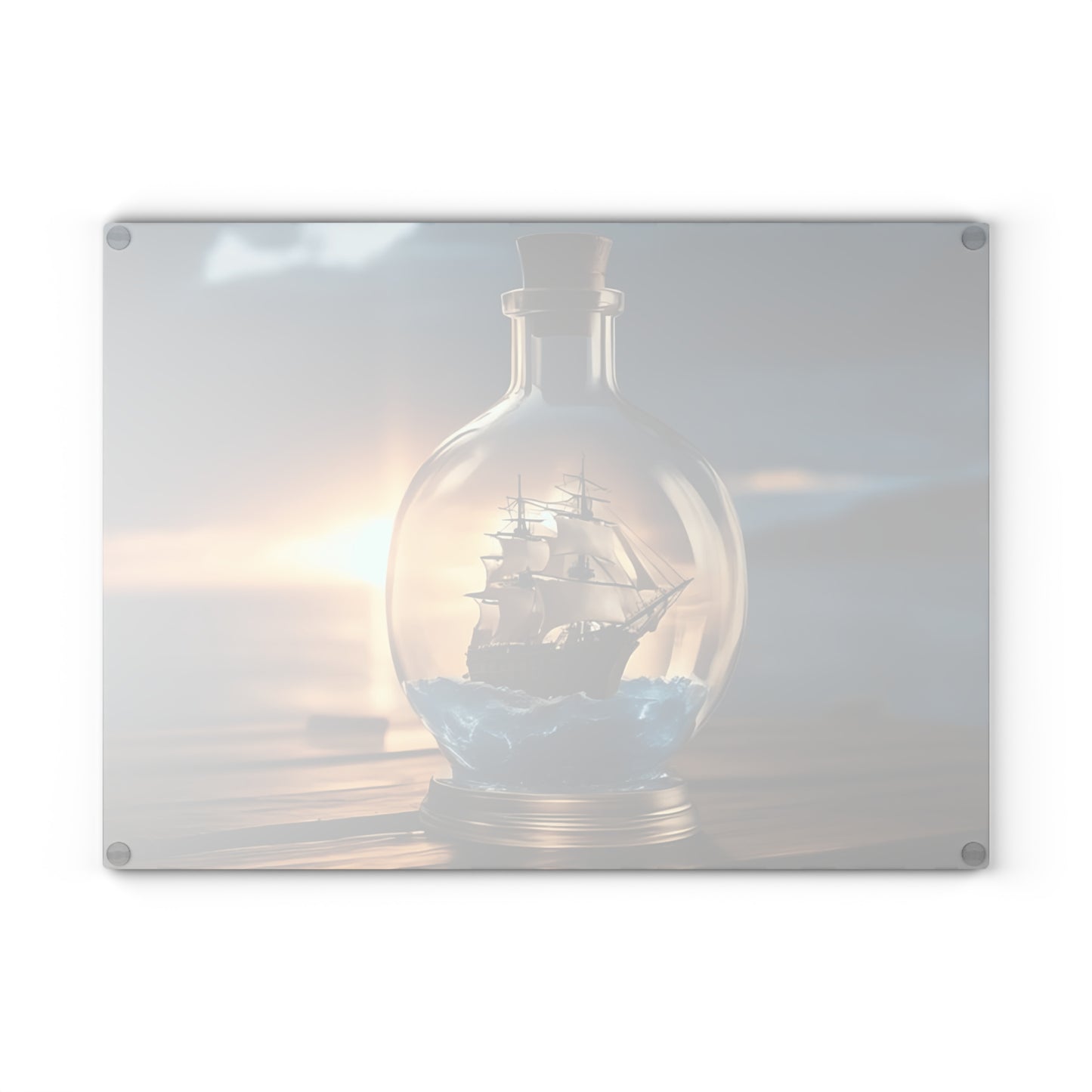 Tabla de cortar de vidrio templado con un barco antiguo en una botella: diseño de atardecer náutico