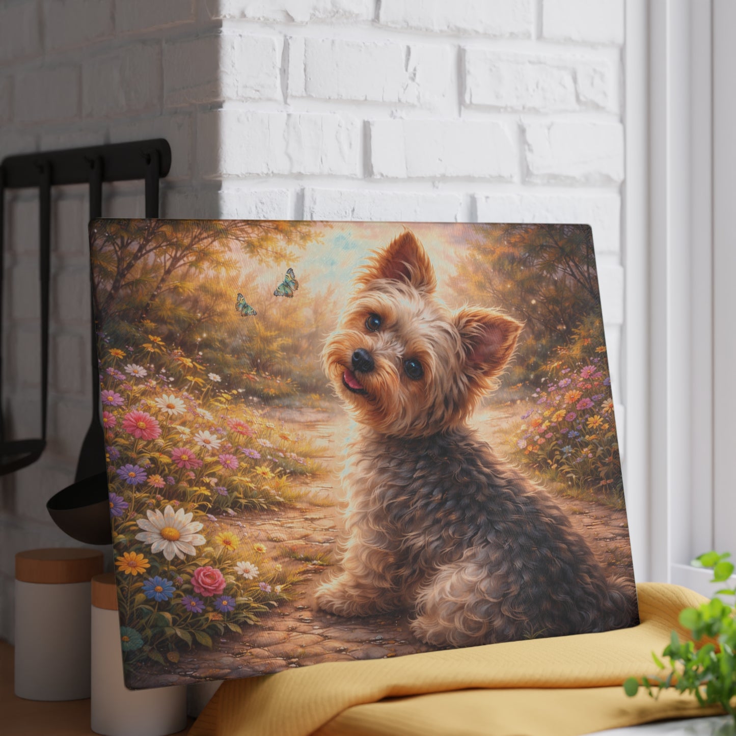 Whimsical Yorkshire Terrier Garden Glass Cutting Board – Personalized Dog Lover Floral Artwork