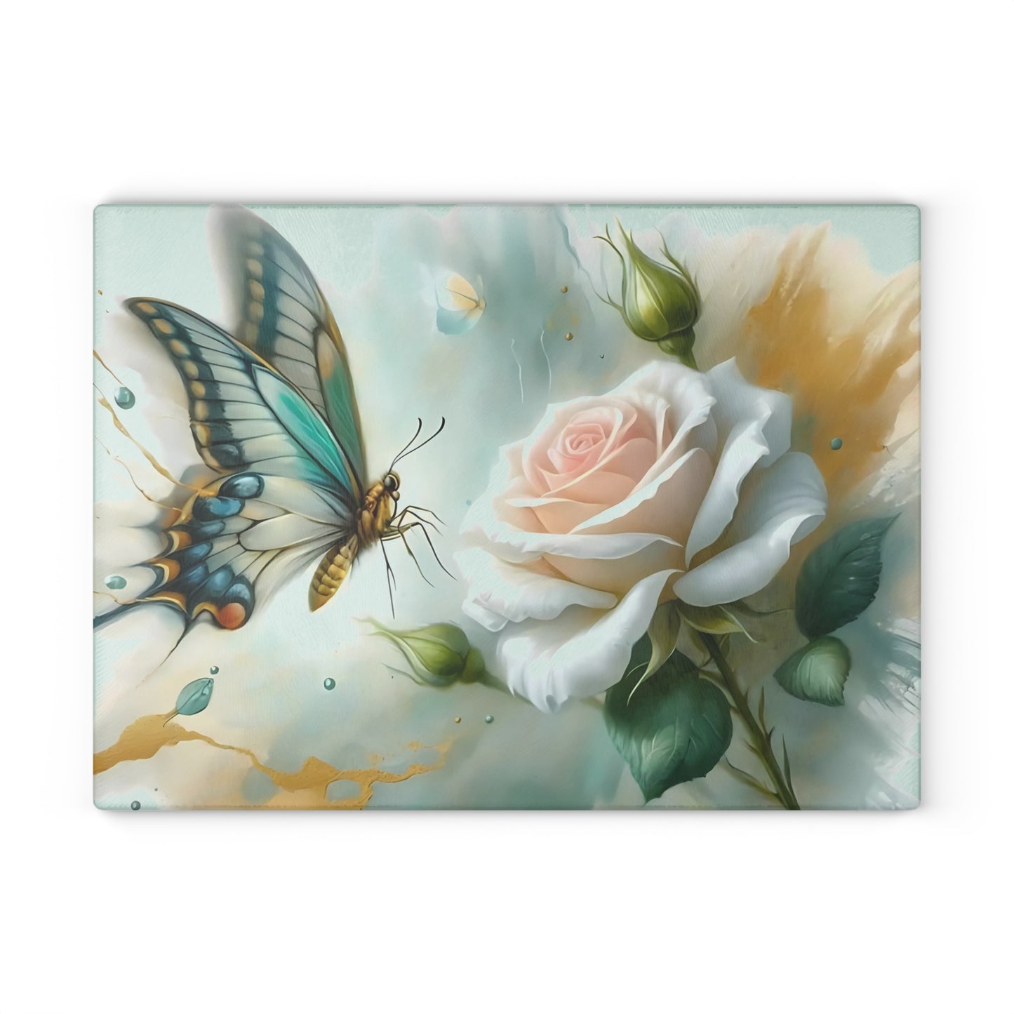 Butterfly & Single Rose Glass Cutting Board – Graceful Beauty for Your Kitchen