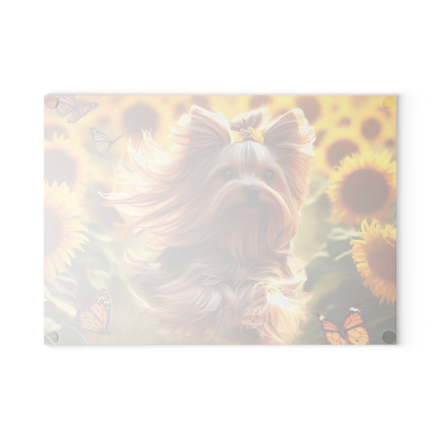 Yorkshire Terrier entre los girasoles – Tabla de cortar de vidrio templado