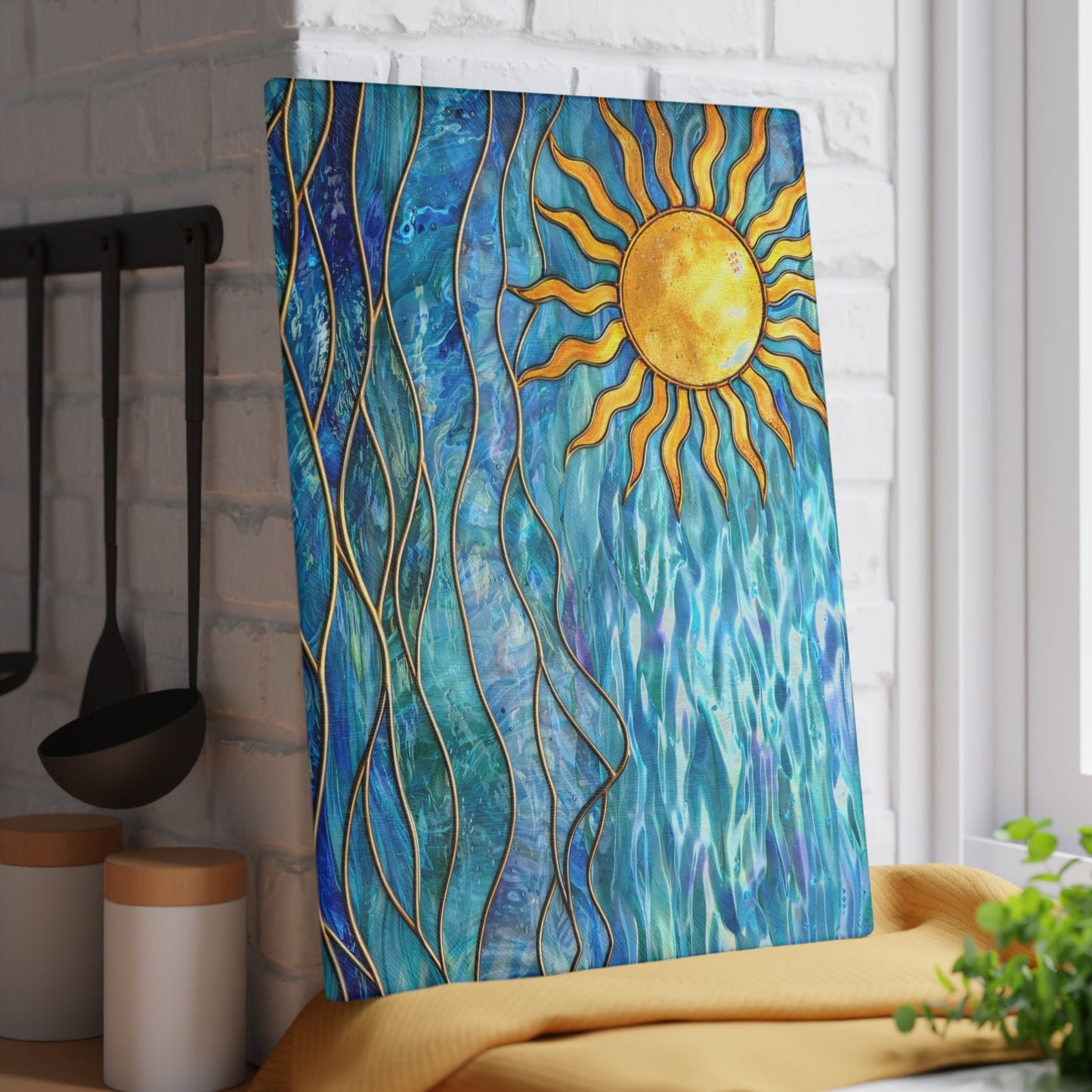 Sunlit Ocean Waves Glass Cutting Board – Coastal Art Kitchen Decor