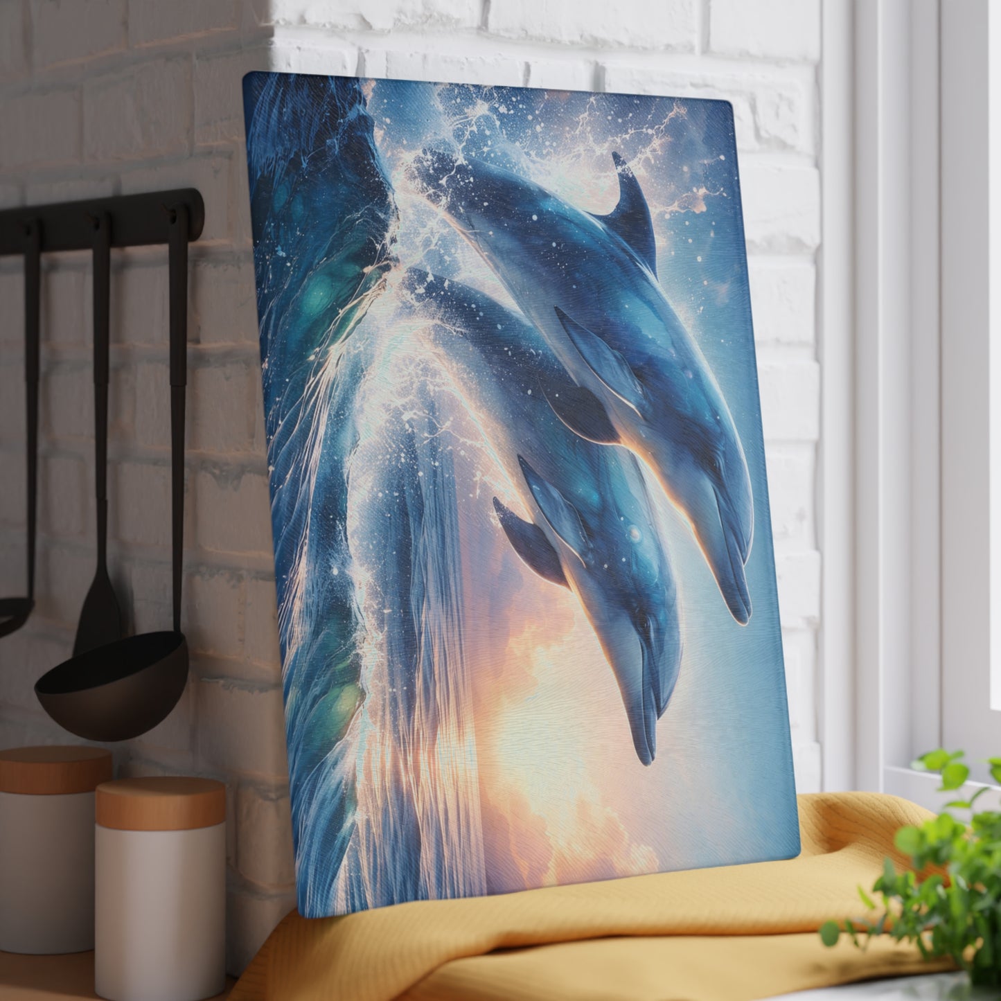 Dolphin Duo Glass Cutting Board – Ocean-Inspired Artwork of Two Playful Dolphins