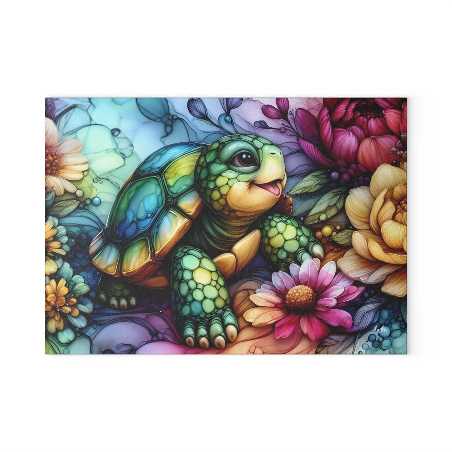 Tortoise in Bloom Glass Cutting Board – Floral Wildlife Kitchen Art