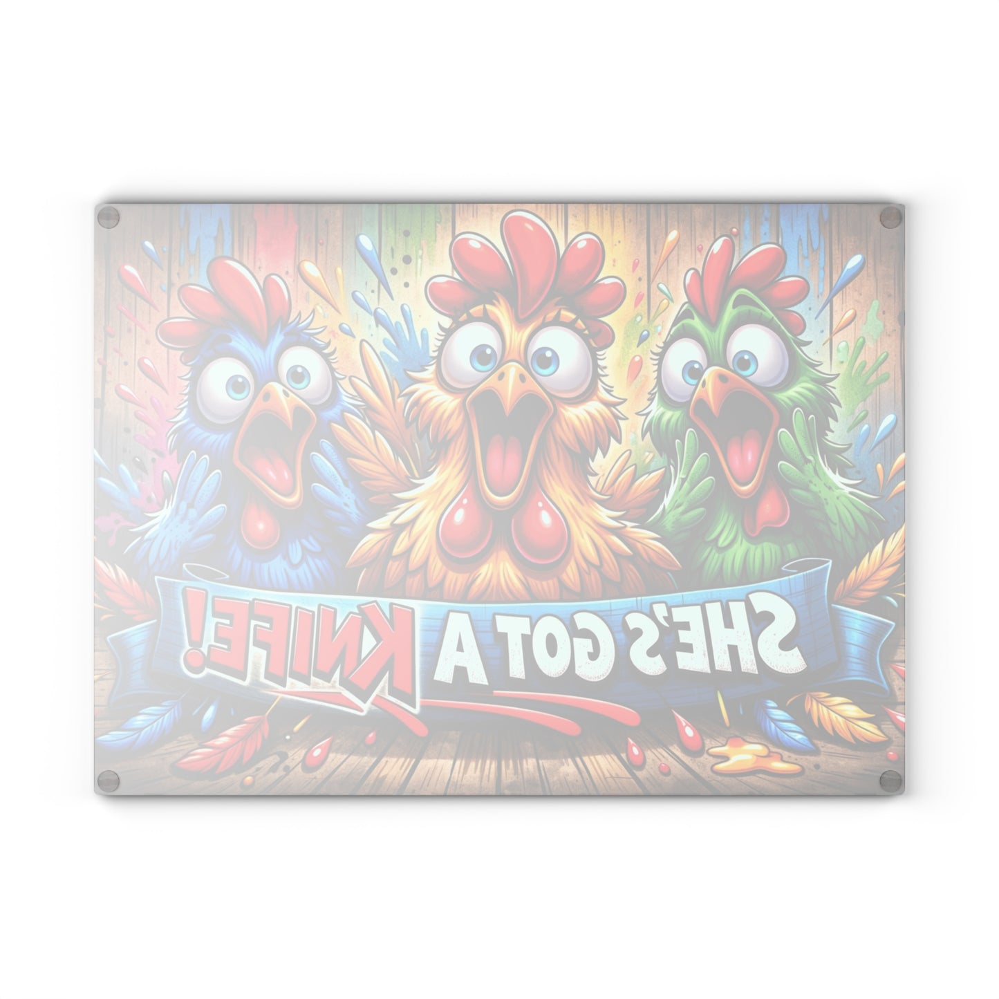 She’s Got a Knife! Glass Cutting Board – Loud Color Chicken Farmhouse Artwork