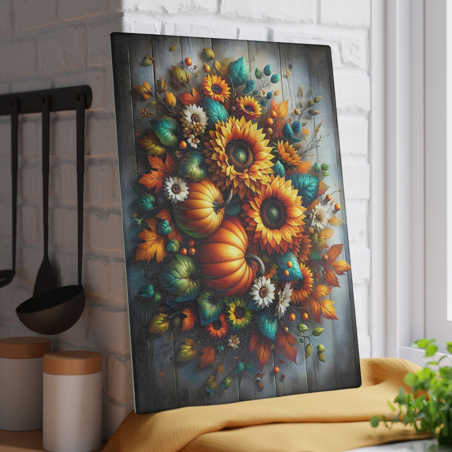🌻🎃 Autumn Sunflower & Pumpkin Cutting Board – Rustic Harvest Charm for Your Kitchen 🍂✨