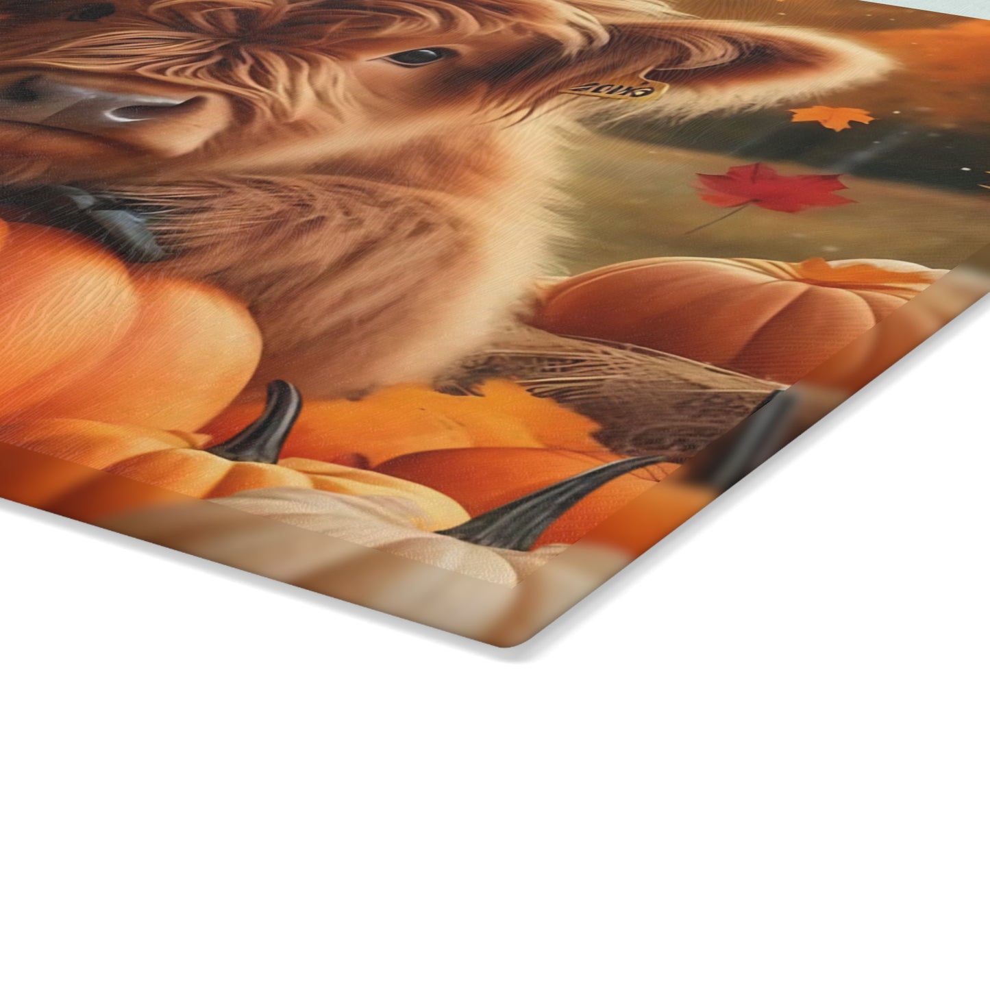 🍂🐮 Autumn Highland Calf Cutting Board – Rustic Fall Kitchen Décor with Pumpkins & Falling Leaves 🎃🍁
