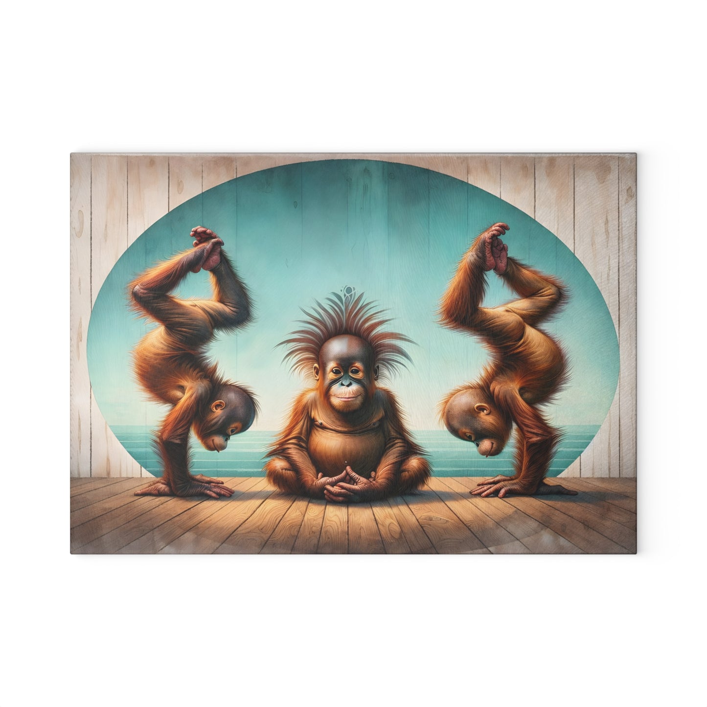 Playful Orangutan Yoga Glass Cutting Board – Whimsical Animal Art Kitchen Display