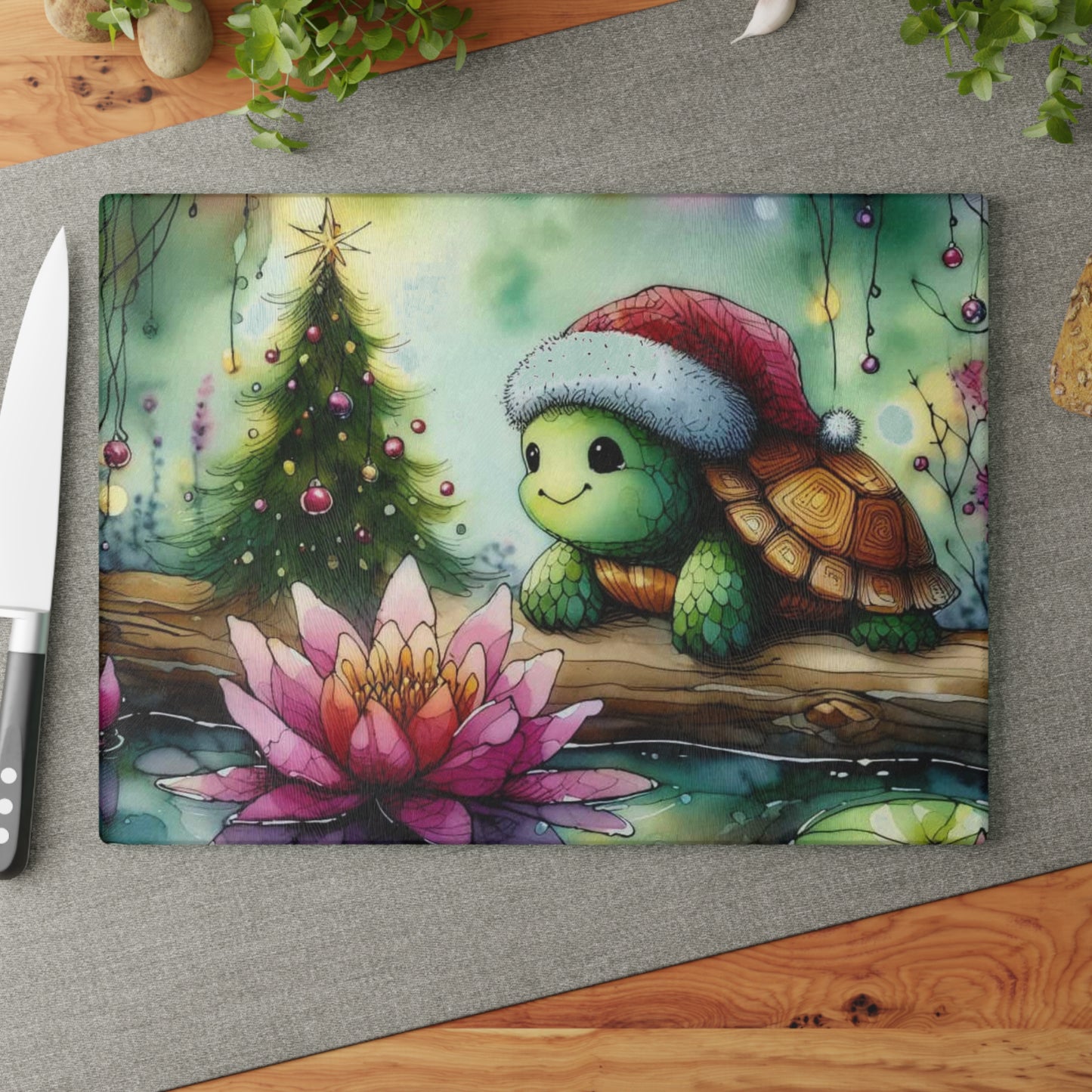 🐢🎄 Merry Little Turtle – Christmas Lotus Tempered Glass Cutting Board
