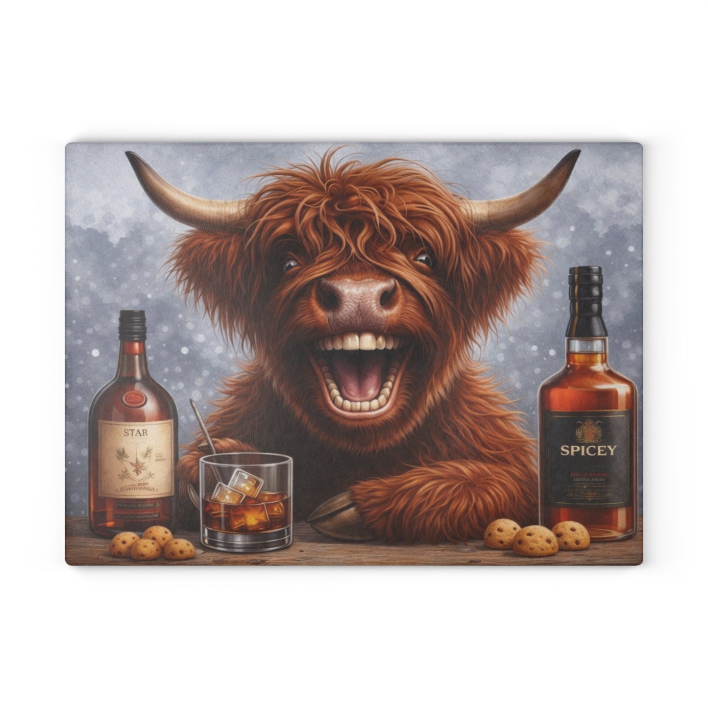 Laughing Highland Cow Bar Glass Cutting Board – Playful Farm Humor Art with Cozy Pub Style