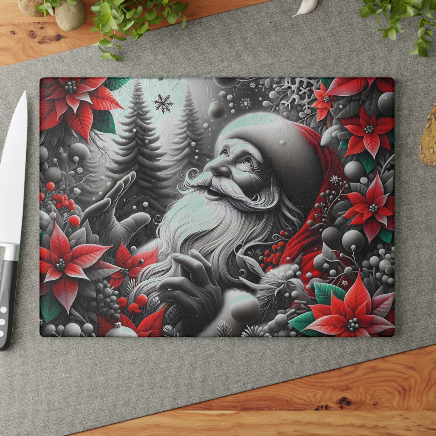 🎅❄️ “Midnight Snow Santa” Glass Cutting Board – Festive Glow for Your Kitchen