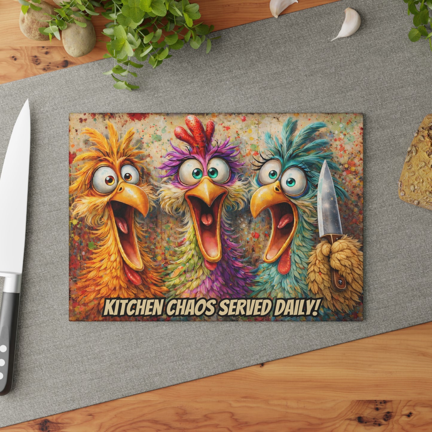 Kitchen Chaos Served Daily Glass Cutting Board – Colorful Chicken Kitchen Humor