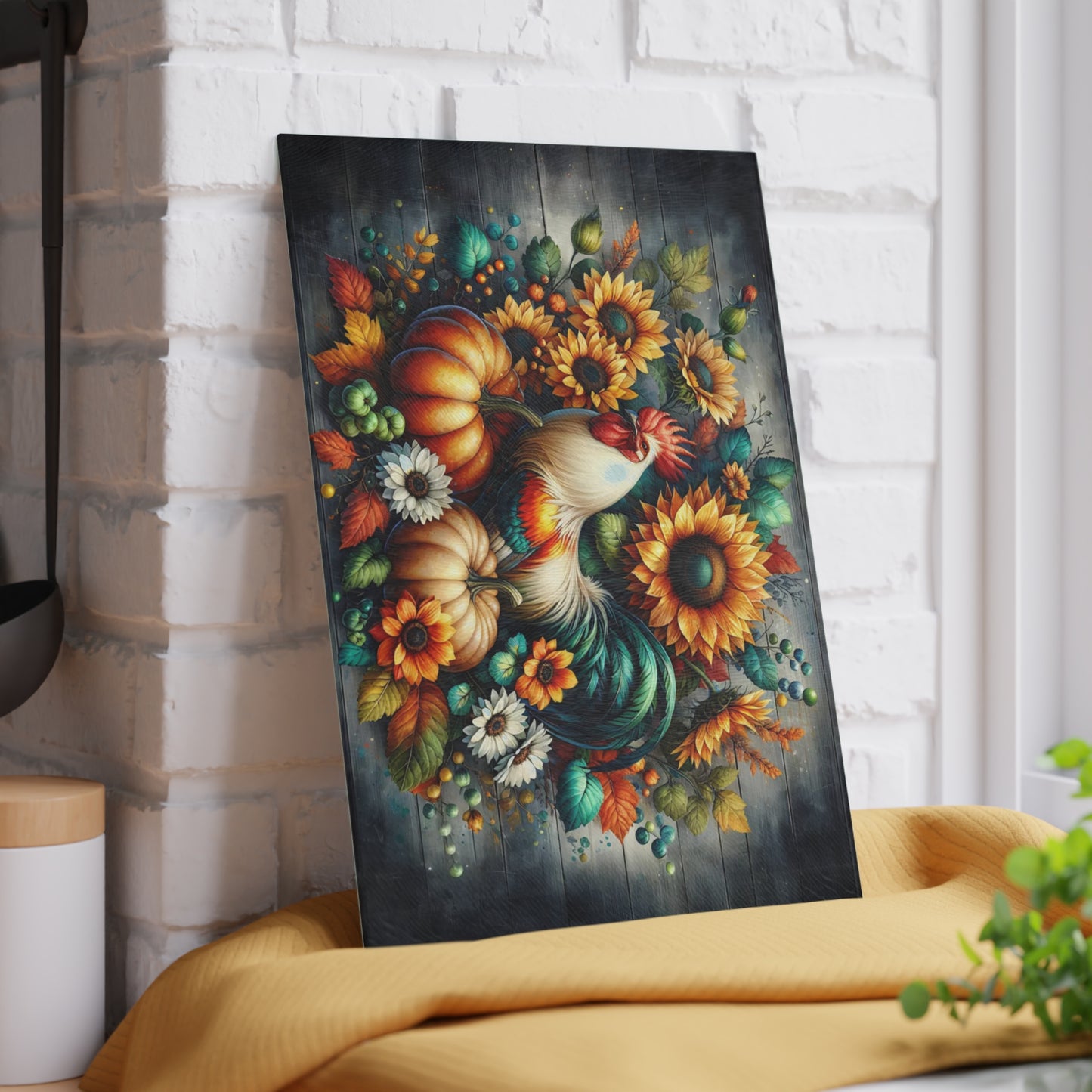 🐓🌻 “Harvest Rooster & Sunflowers” Glass Cutting Board – Cozy Autumn Charm for Your Kitchen