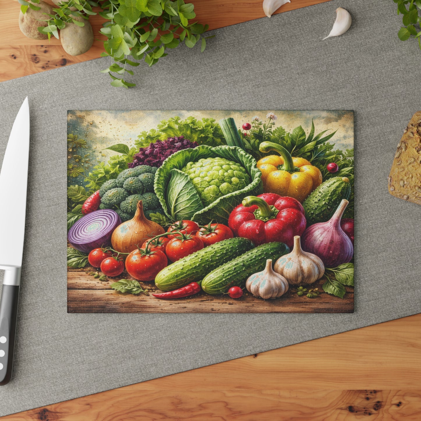 Garden Harvest Glass Cutting Board – Fresh Farm Market Inspired Kitchen Art