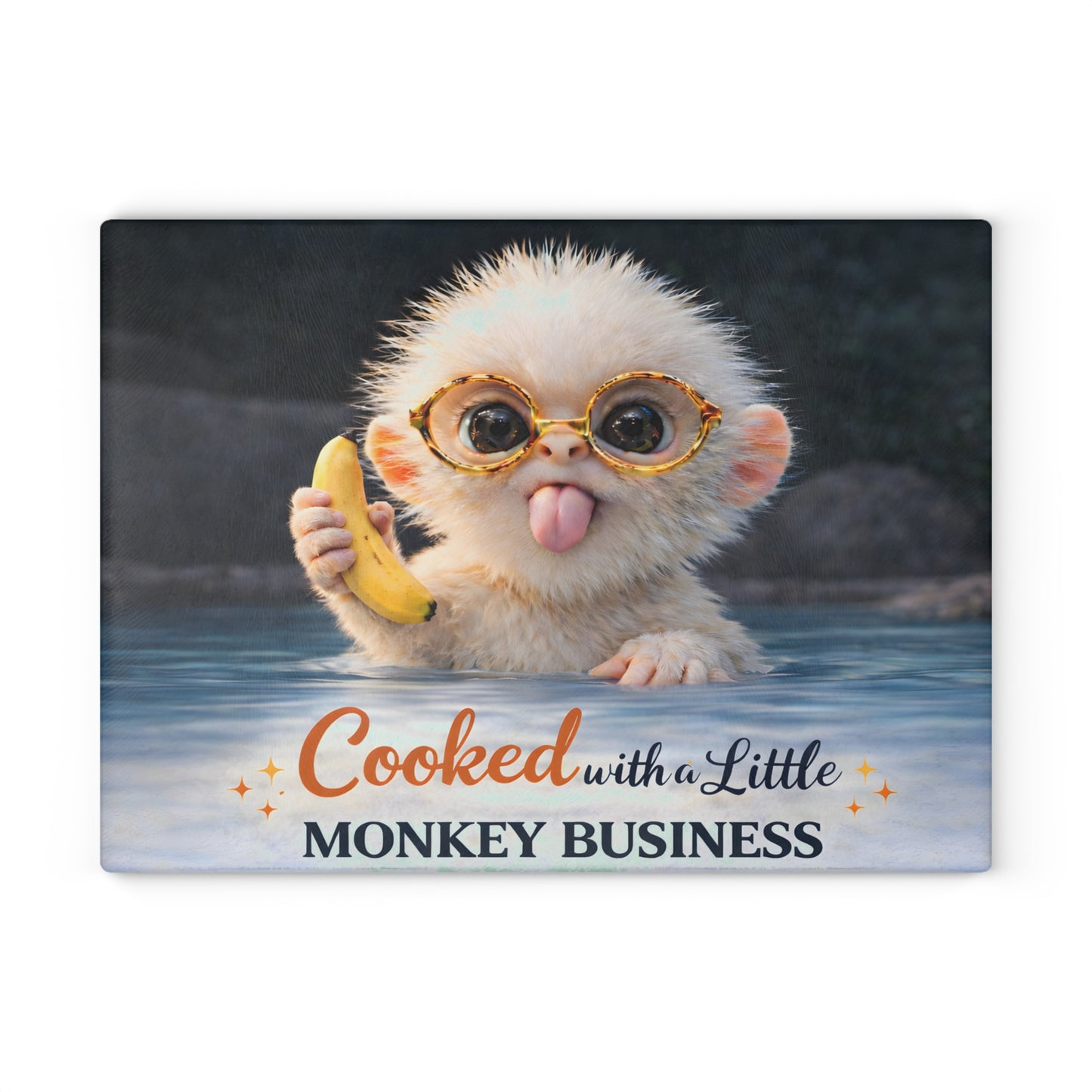 Playful Monkey Glass Cutting Board – “Cooked with a Little Monkey Business” Whimsical Kitchen Decor