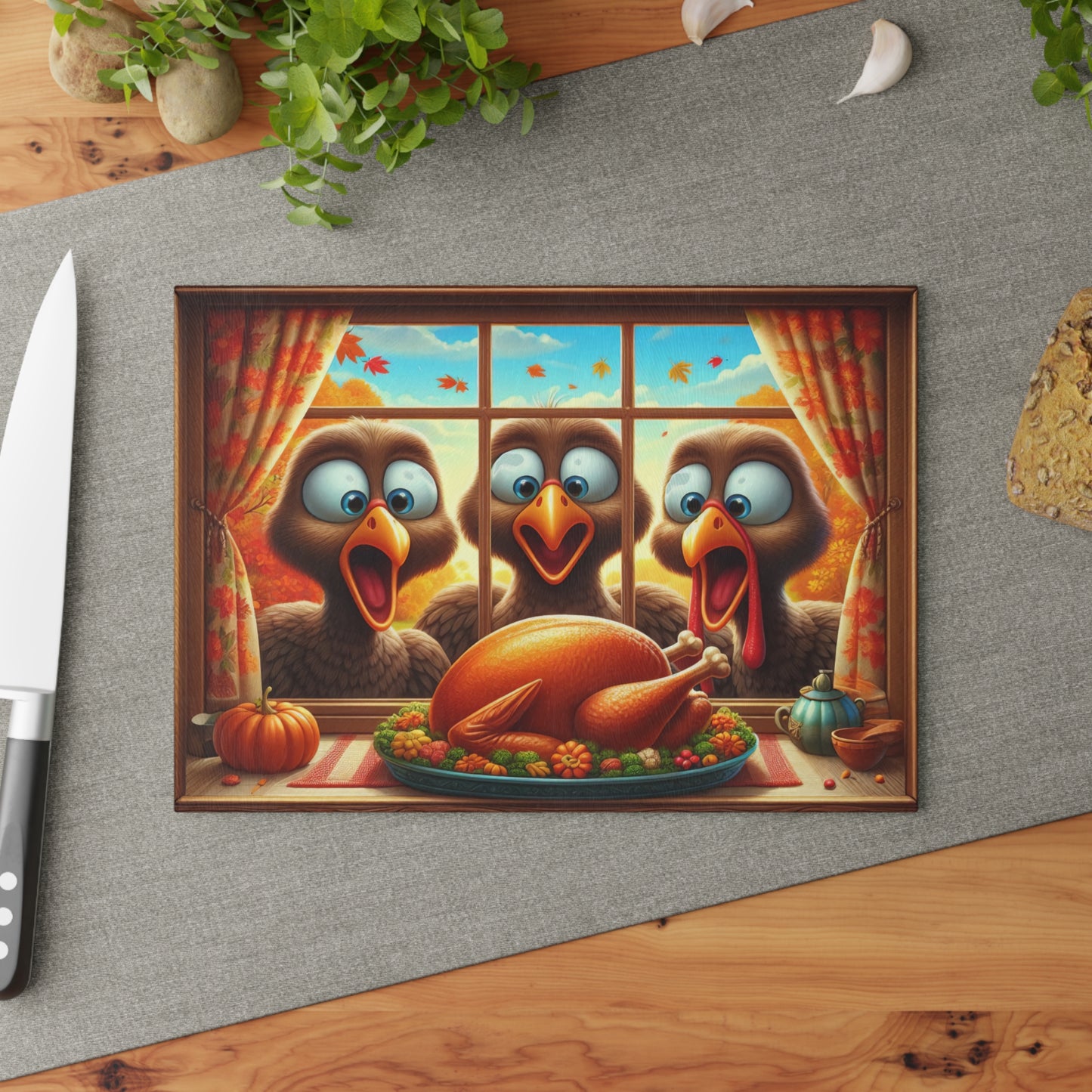😂🦃 Funny Thanksgiving Turkeys Cutting Board – Gobble Squad at the Window