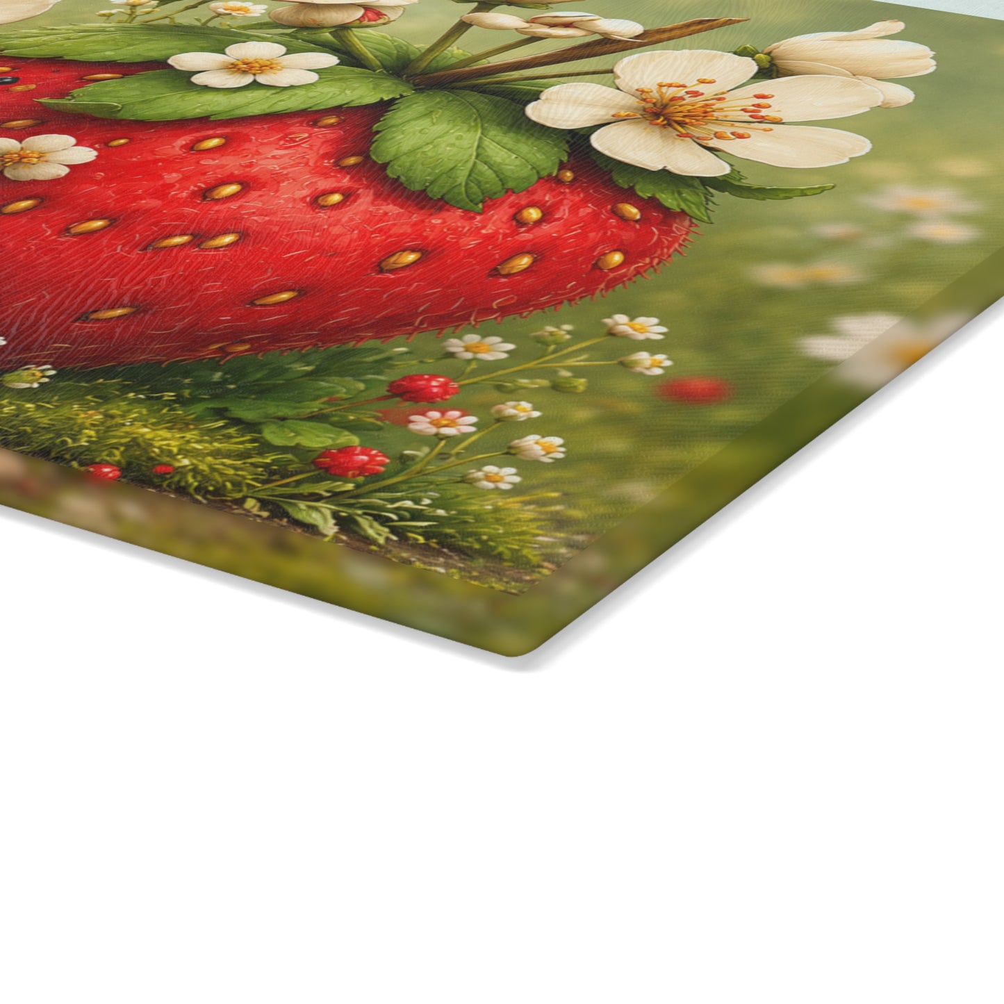 Ladybug & Strawberry Glass Cutting Board – Whimsical Garden Artwork with Sweet Spring Charm