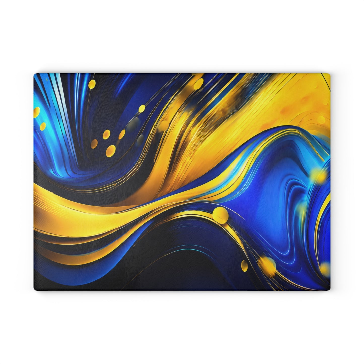 Blue & Gold Abstract Glass Cutting Board – Modern Fluid Art Kitchen Decor
