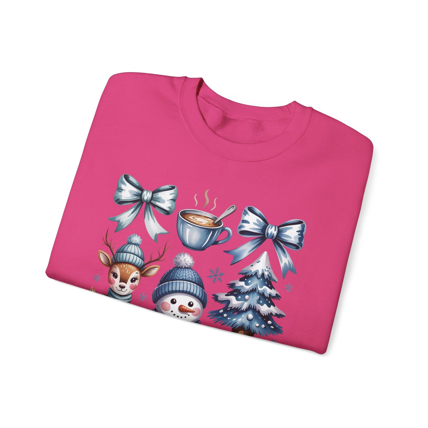 ❄️💙 Cozy Winter Vibes Crewneck – Reindeer, Snowman, Cocoa & Bows