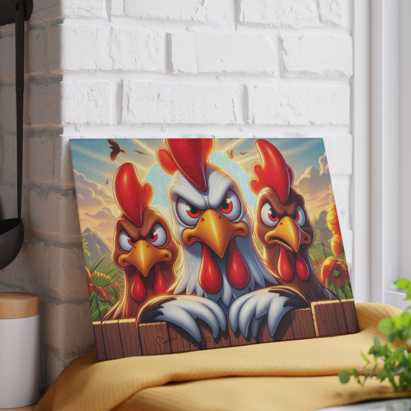 🐔 Three Angry Chickens Glass Cutting Board – Funny Farmhouse Kitchen Decor