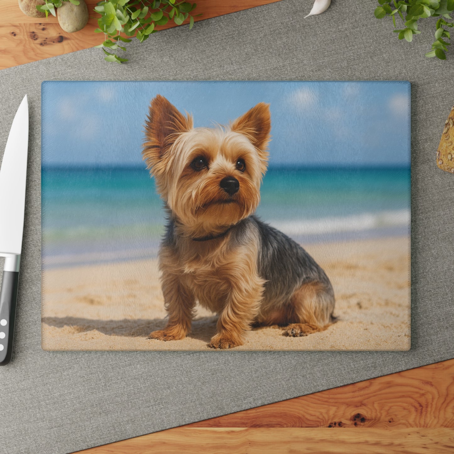 🐾🌊 Yorkie at the Beach Cutting Board – Coastal Charm for Dog Lovers 🐕