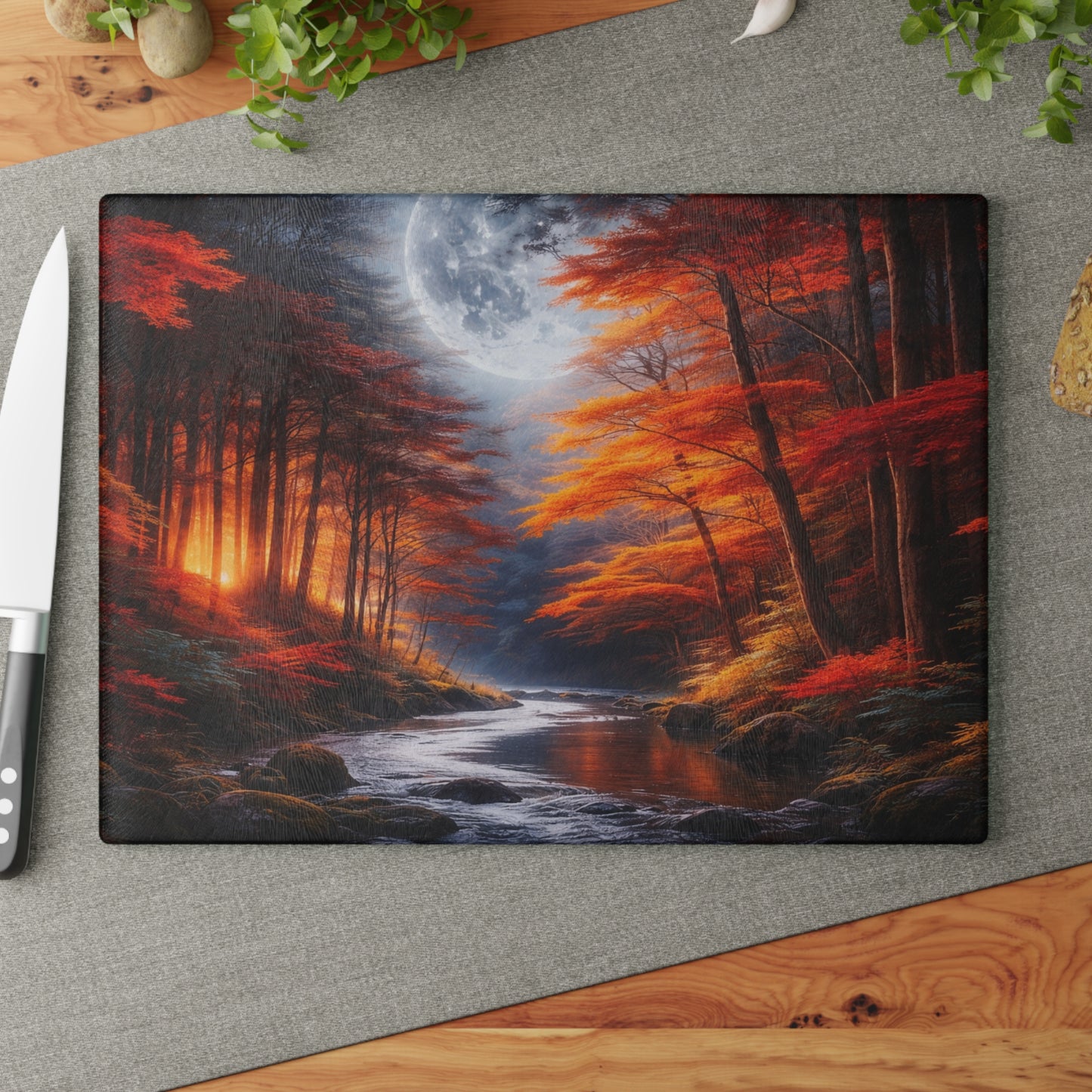 Autumn Moonlit Forest Glass Cutting Board – Dramatic Fall Landscape Kitchen Art