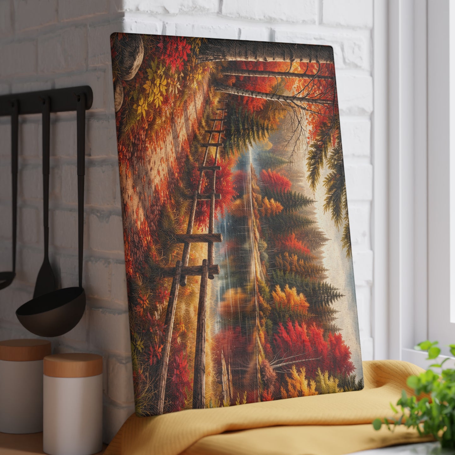 Autumn Lakeside Path Glass Cutting Board – Rustic Fall Forest Lake Kitchen Art