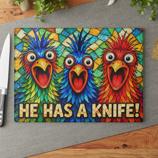 Funny Colorful Birds Stained Glass Look Glass Cutting Board – “He Has a Knife!” Kitchen Decor