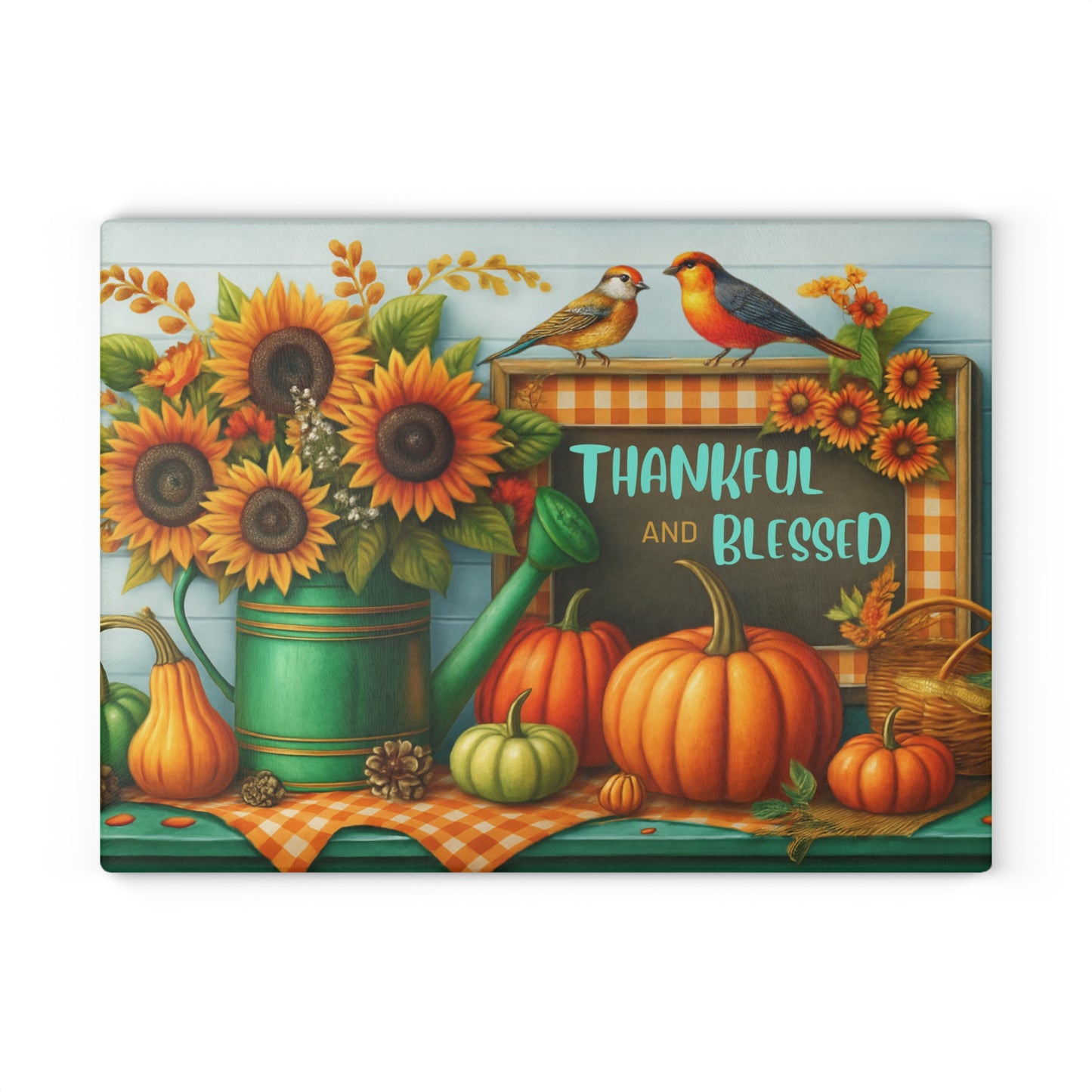 🍂🌻 “Thankful & Blessed Harvest” Tempered Glass Board – Sunny Fall Kitchen Cheer