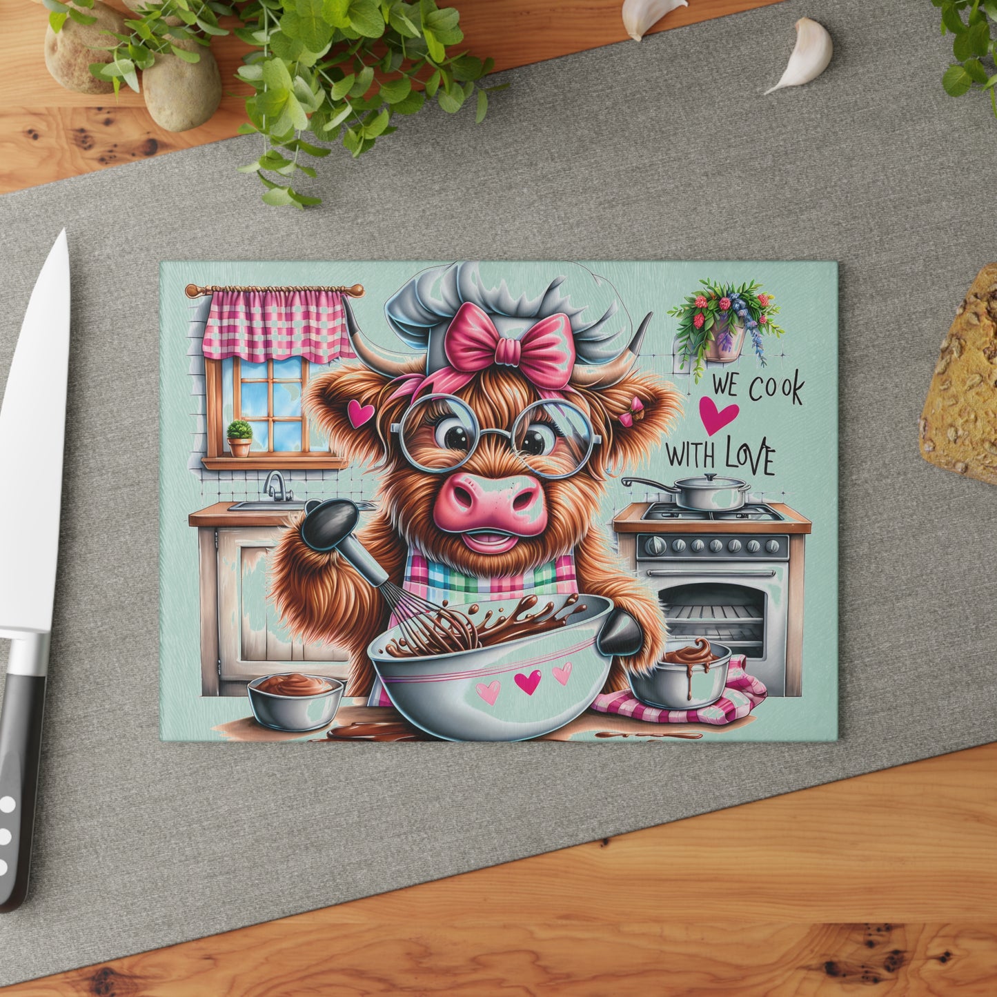 🐮 Sweet Highland Cow Baking Cutting Board – "We Cook With Love" Kitchen Whimsy