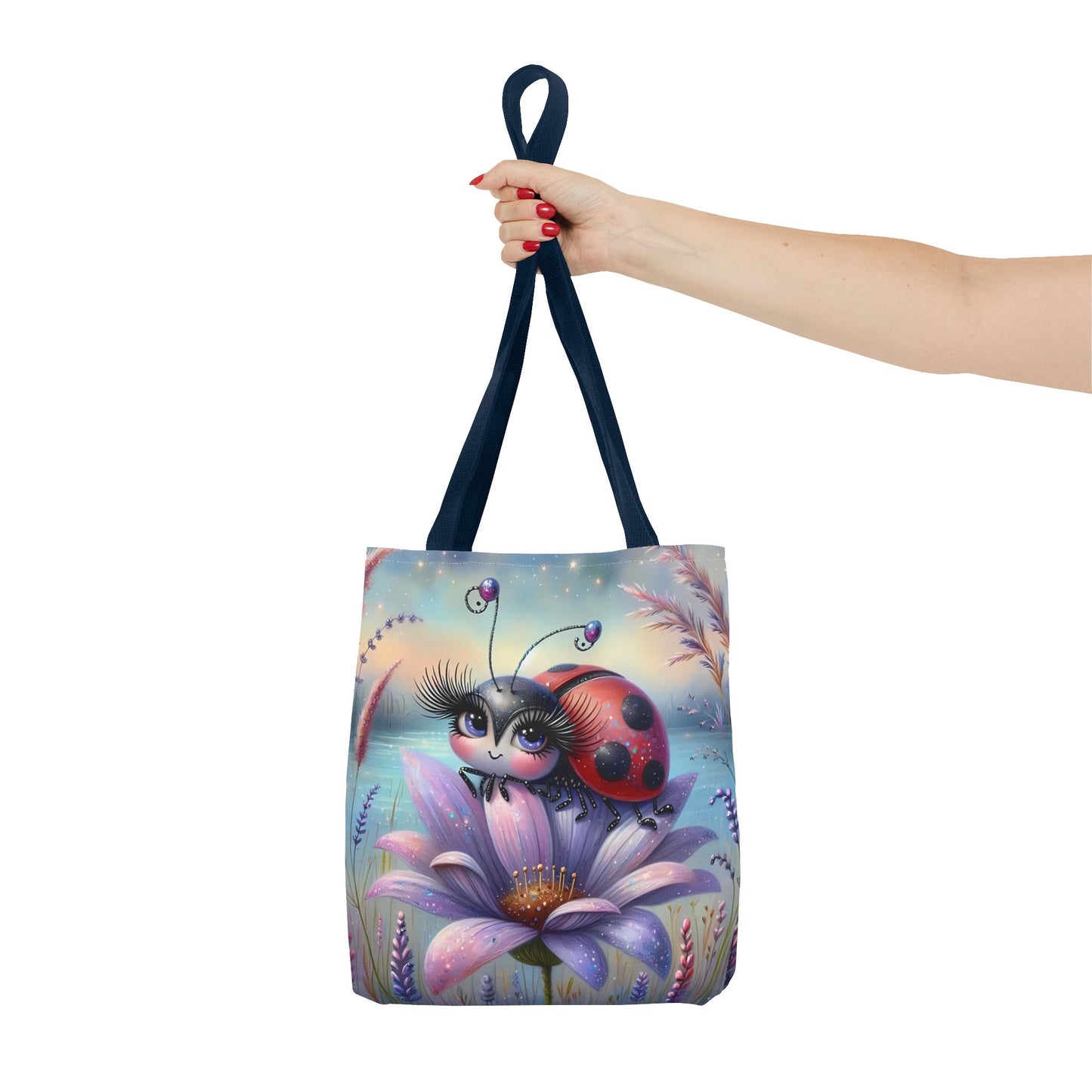 🐞 Mariquita sobre una flor junto al lago – Bolsa de tela inspirada en la naturaleza