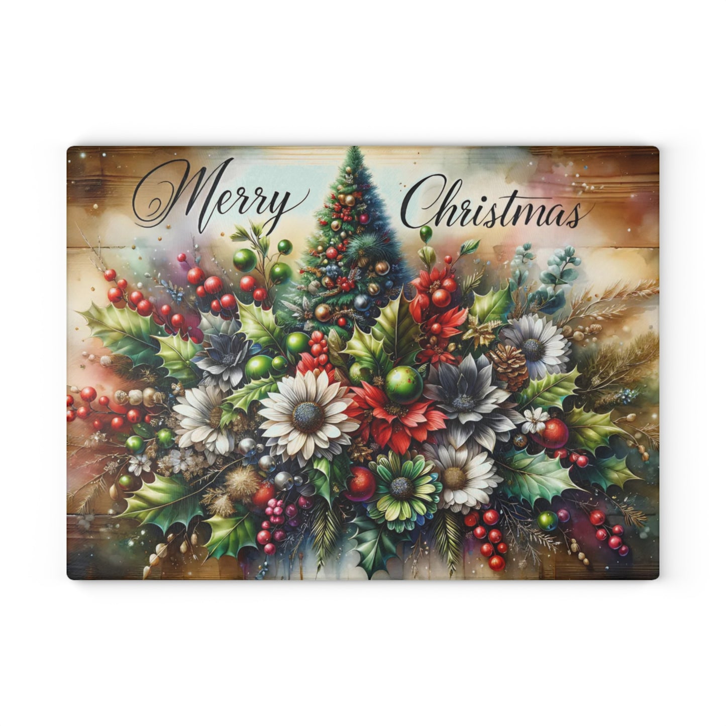 🎄✨ “Merry Christmas Bouquet” Glass Cutting Board – Festive Holiday Centerpiece for Your Kitchen