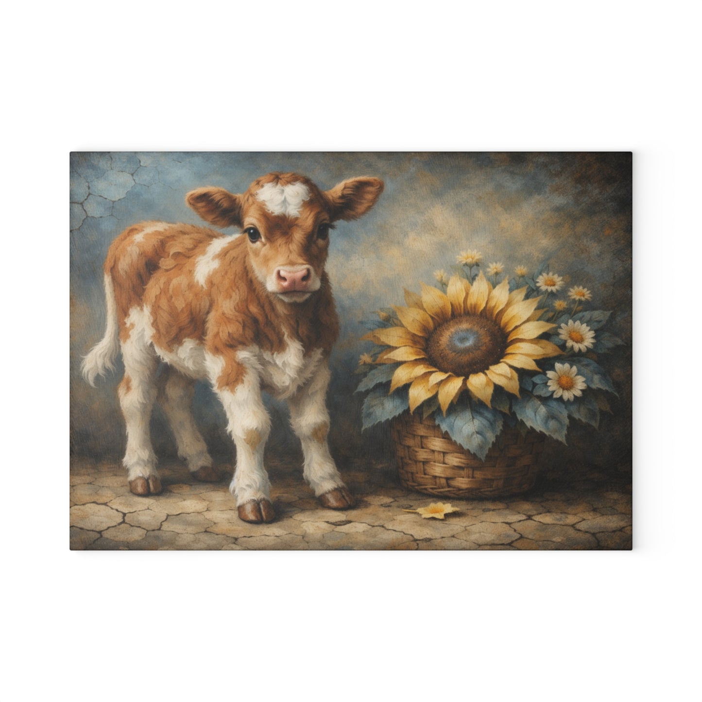 Sunflower Calf Glass Cutting Board – Rustic Farmhouse Kitchen Decor