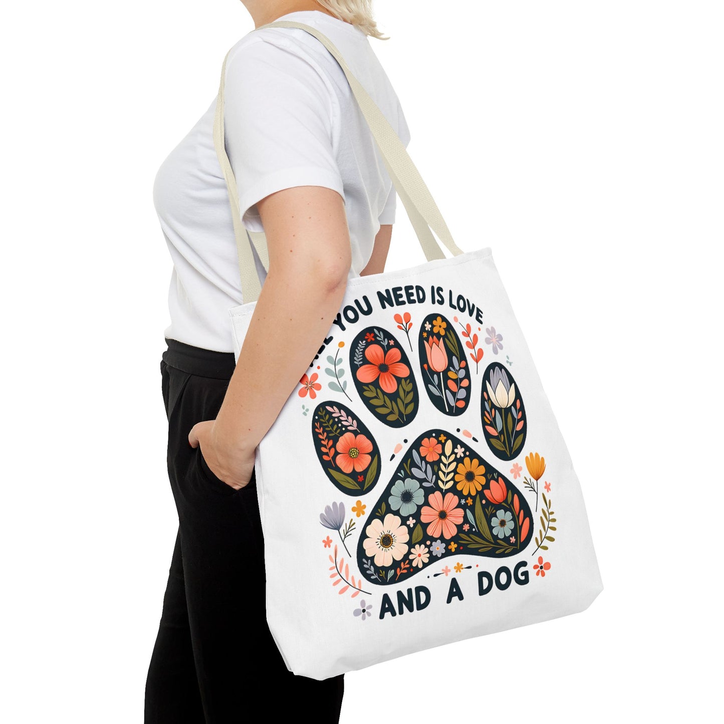 🐾 All You Need is Love and a Dog Tote Bag – Floral Paw Print Perfection 🌸