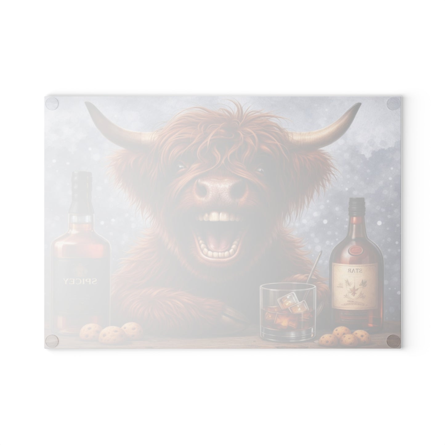 Laughing Highland Cow Bar Glass Cutting Board – Playful Farm Humor Art with Cozy Pub Style