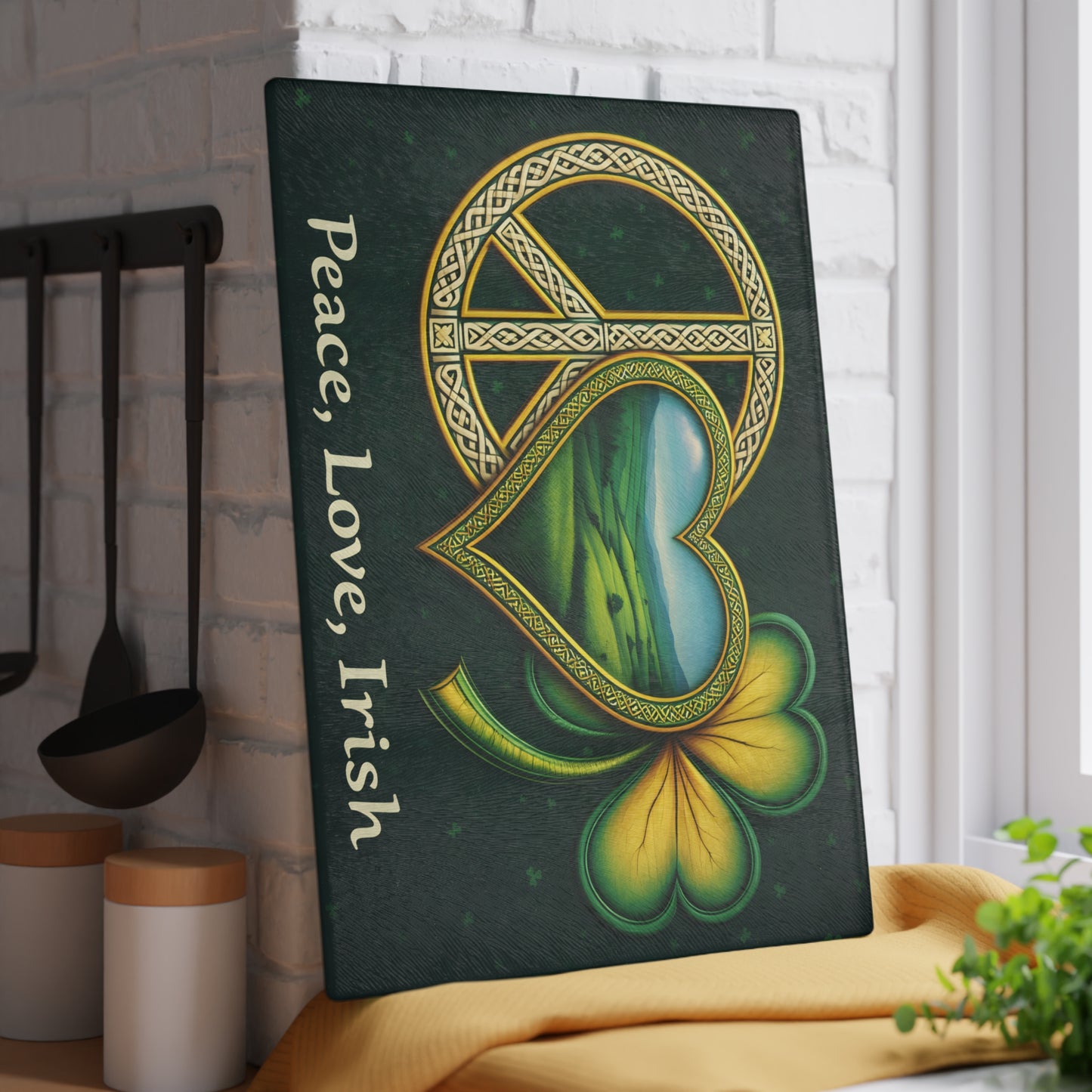 Peace, Love, Irish Glass Cutting Board – Celtic Shamrock St. Patrick’s Day Kitchen Art