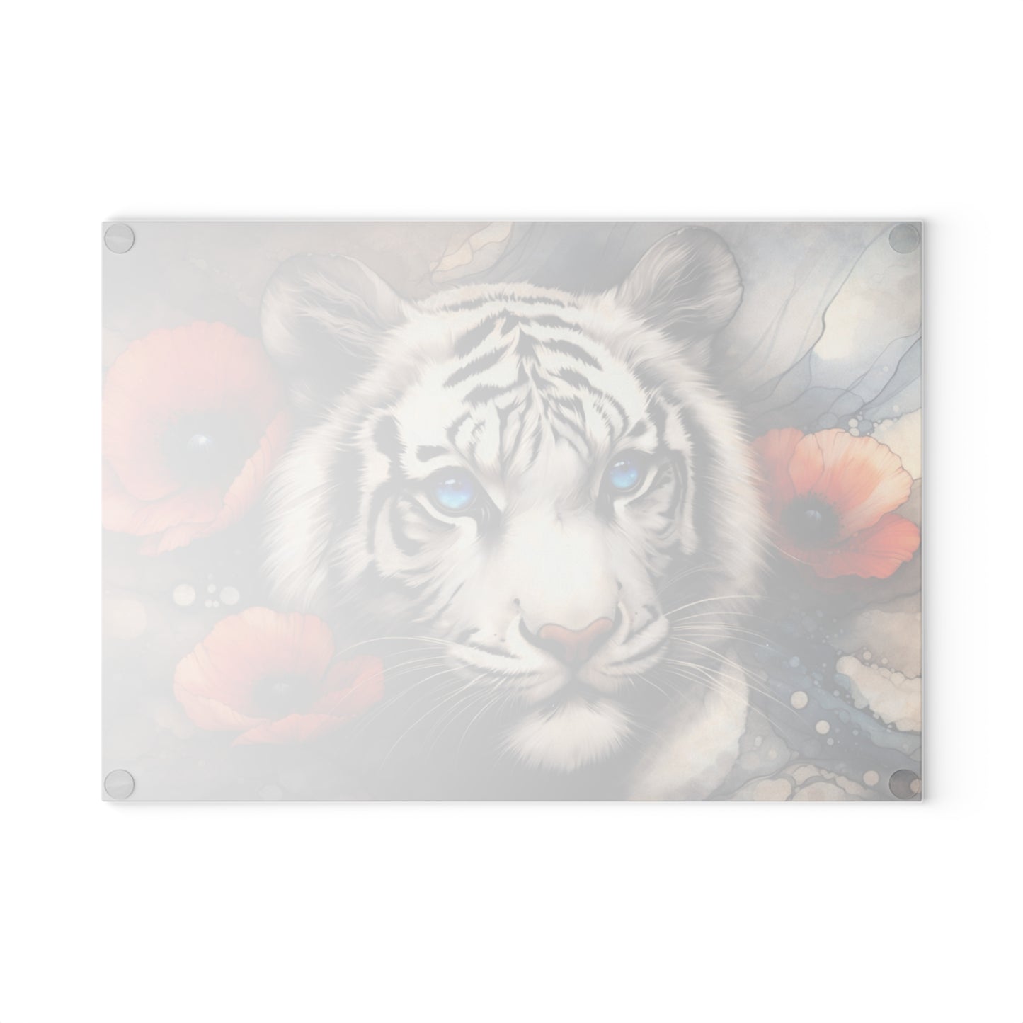 White Tiger with Blue Eyes Glass Cutting Board – Elegant Wildlife Floral Artwork
