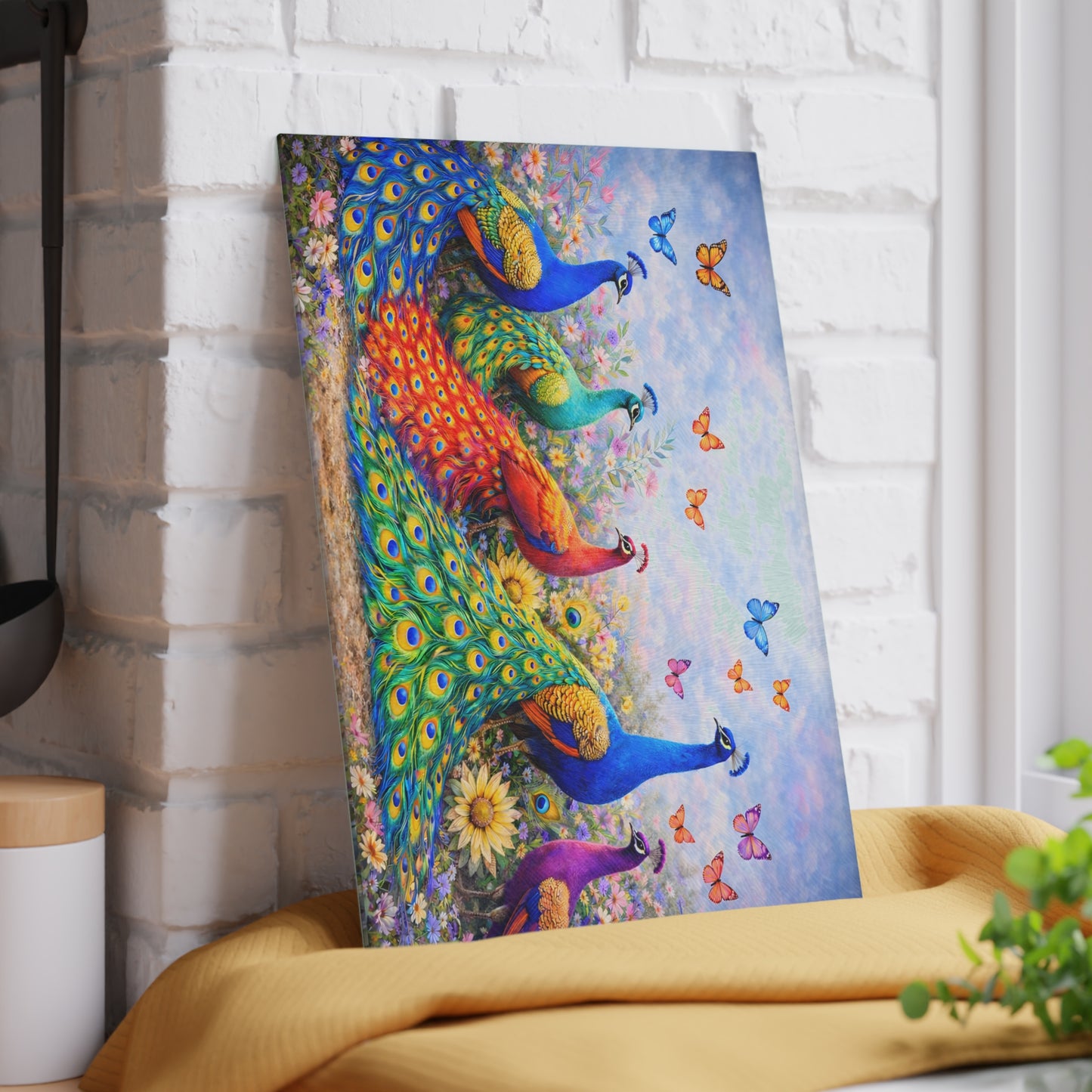 Peacock Glass Cutting Board – Elegant Nature-Inspired Kitchen Accent