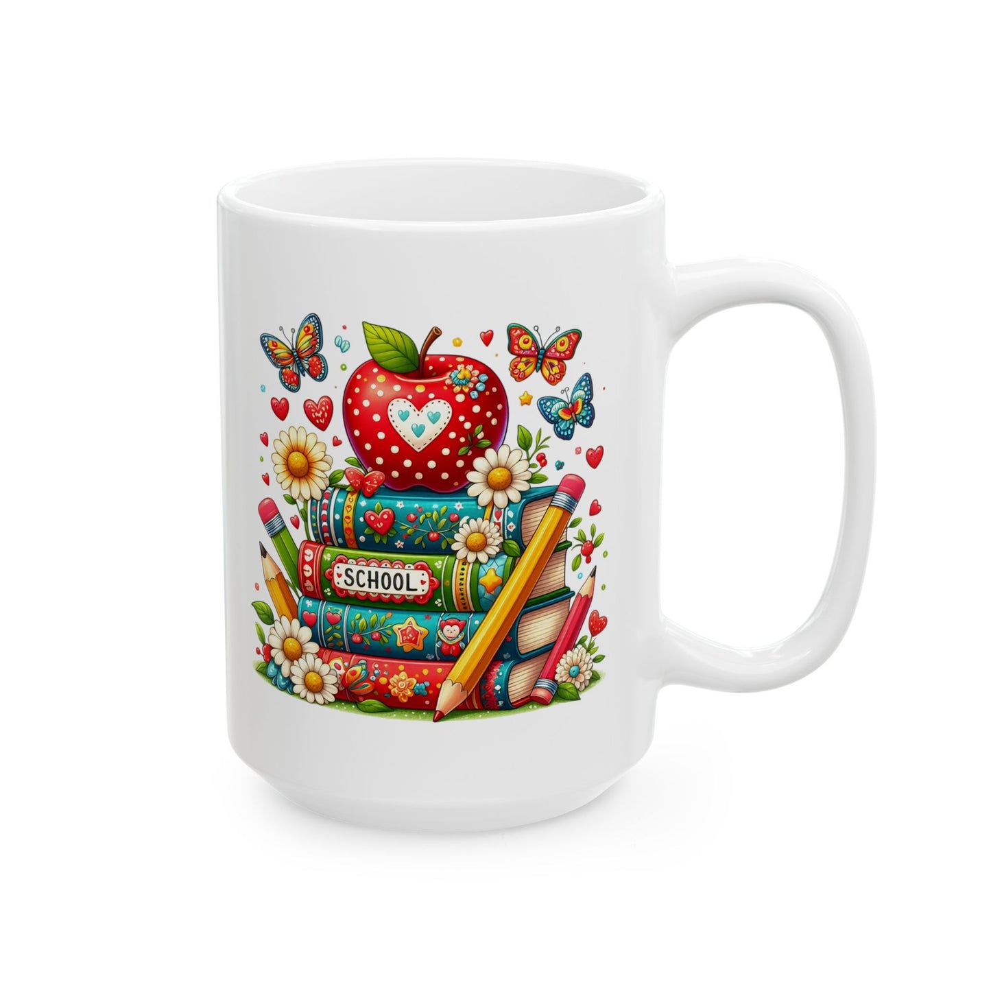 🍎 Teacher Love Back-to-School Mug – Bright Books & Butterflies 🌼