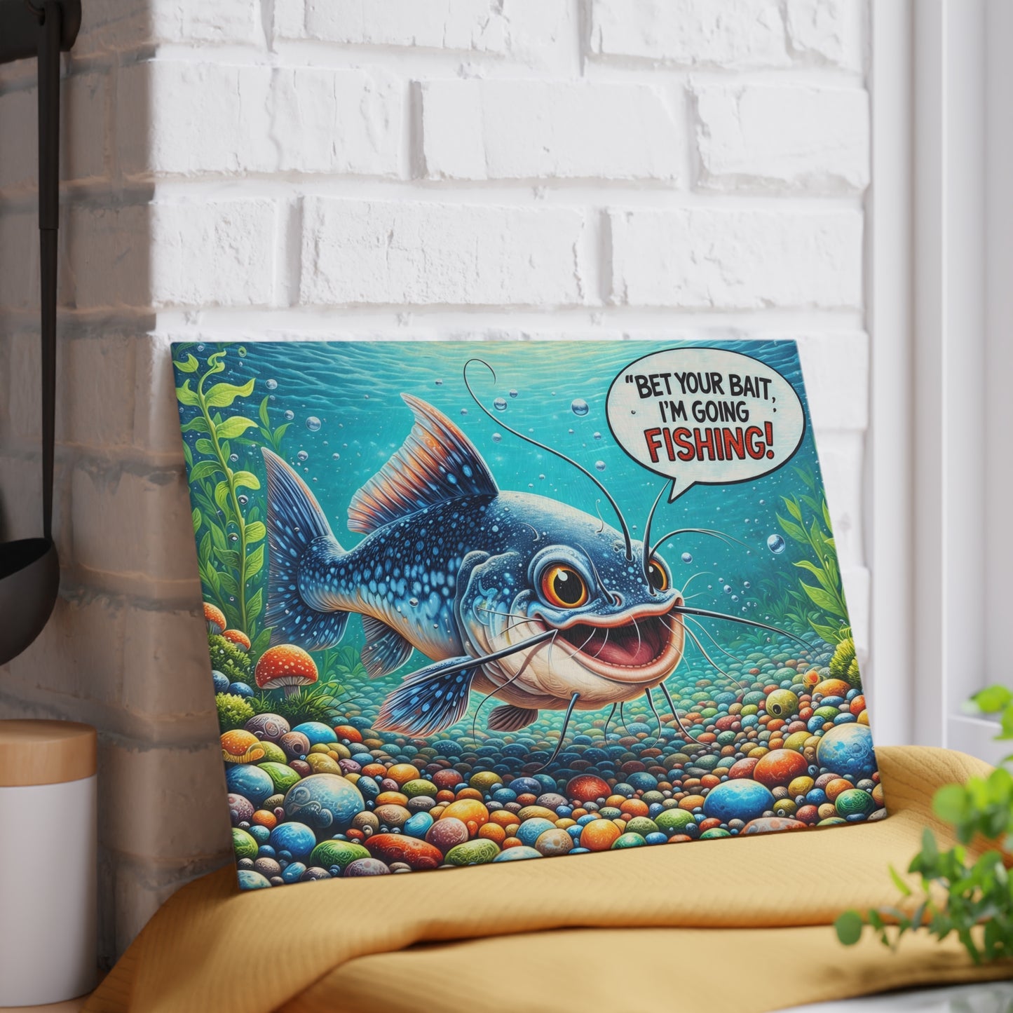 Bet Your Bait I’m Going Fishing Glass Cutting Board – Funny Fishing Kitchen Art with Colorful Catfish Design