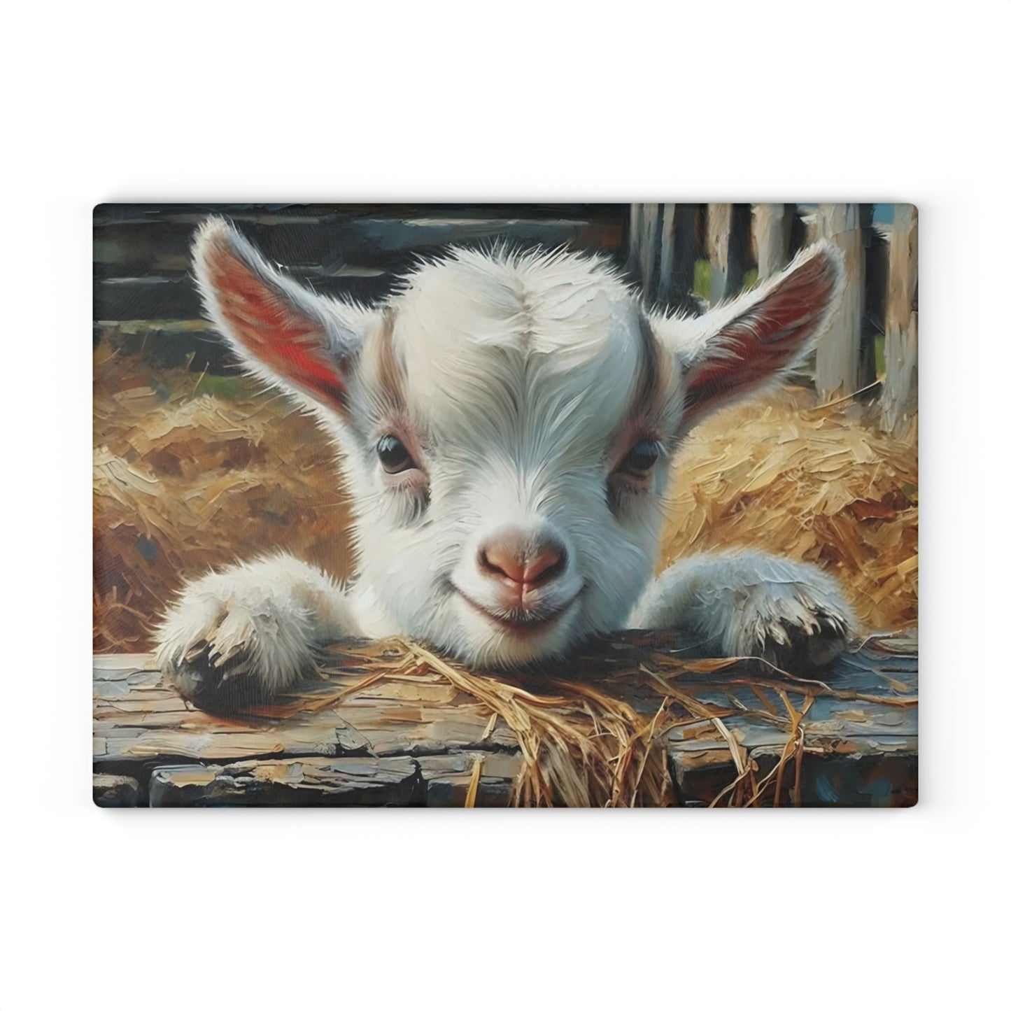 Rustic Baby Goat Glass Cutting Board – Farmyard Charm with Hay & Cozy Detail