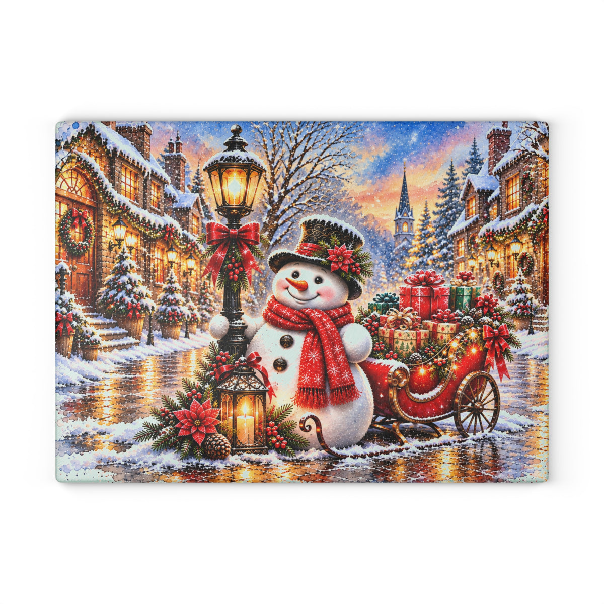 Christmas Snowman Tempered Glass Cutting Board – Vintage Christmas Village with Red Sleigh, Gifts and Lanterns – 11 × 15 Inches