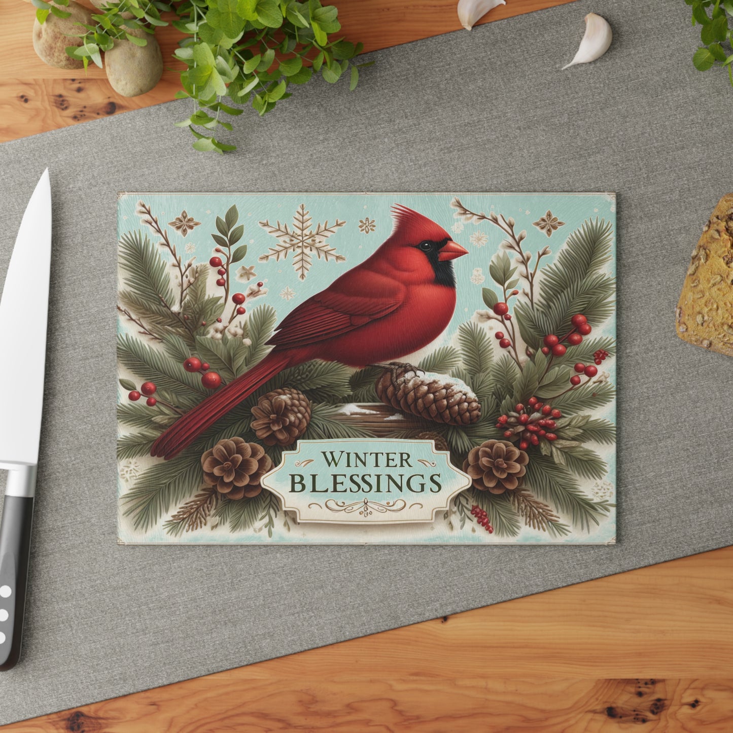 🕊️❄️ Winter Blessings Cardinal Cutting Board – Elegant Holiday Charm for Your Kitchen ❄️🕊️