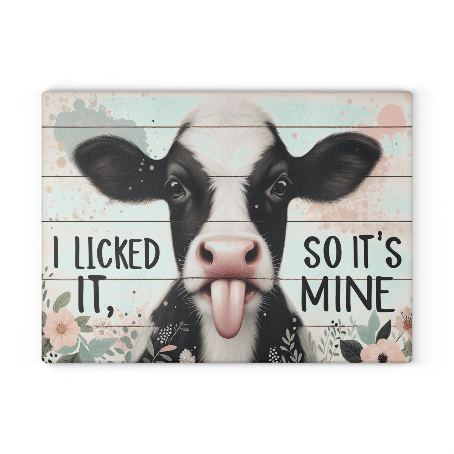 🐮🌸 I Licked It, So It’s Mine – Playful Cow Glass Cutting Board for Your Kitchen 🌸🐮